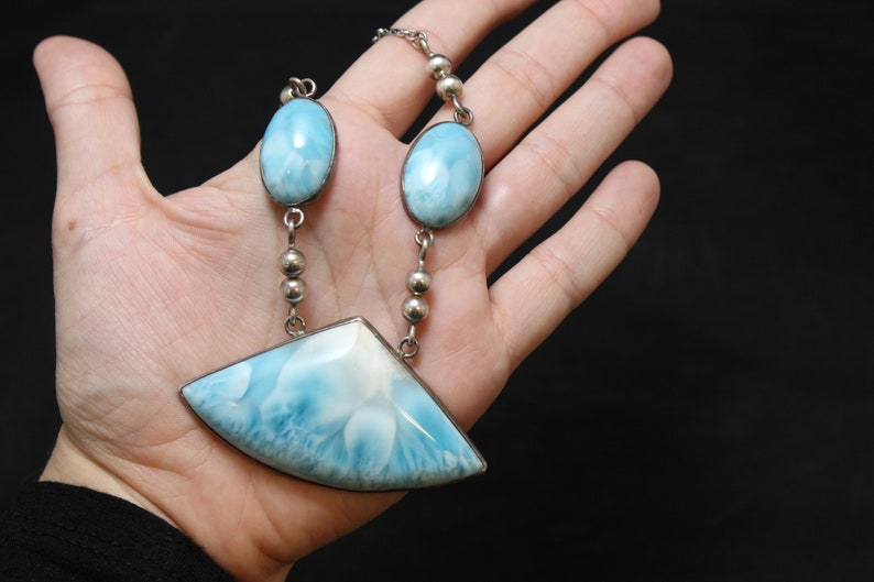 Sterling Silver Modernist Larimar Pectolite Gemstone Statement Necklace 925 image 6