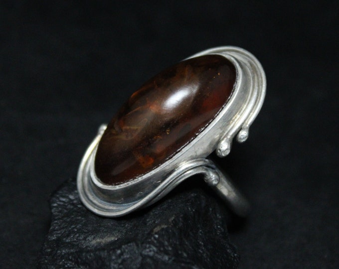 Large Sterling Silver Vintage Amber Statement Ring Size 9, Sterling Silver Amber Jewelry, Long Sterling Statement Ring, Vintage Amber Ring