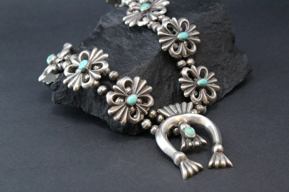 Turquoise Squash Blossom Necklace, Sand Cast Squa… - image 3