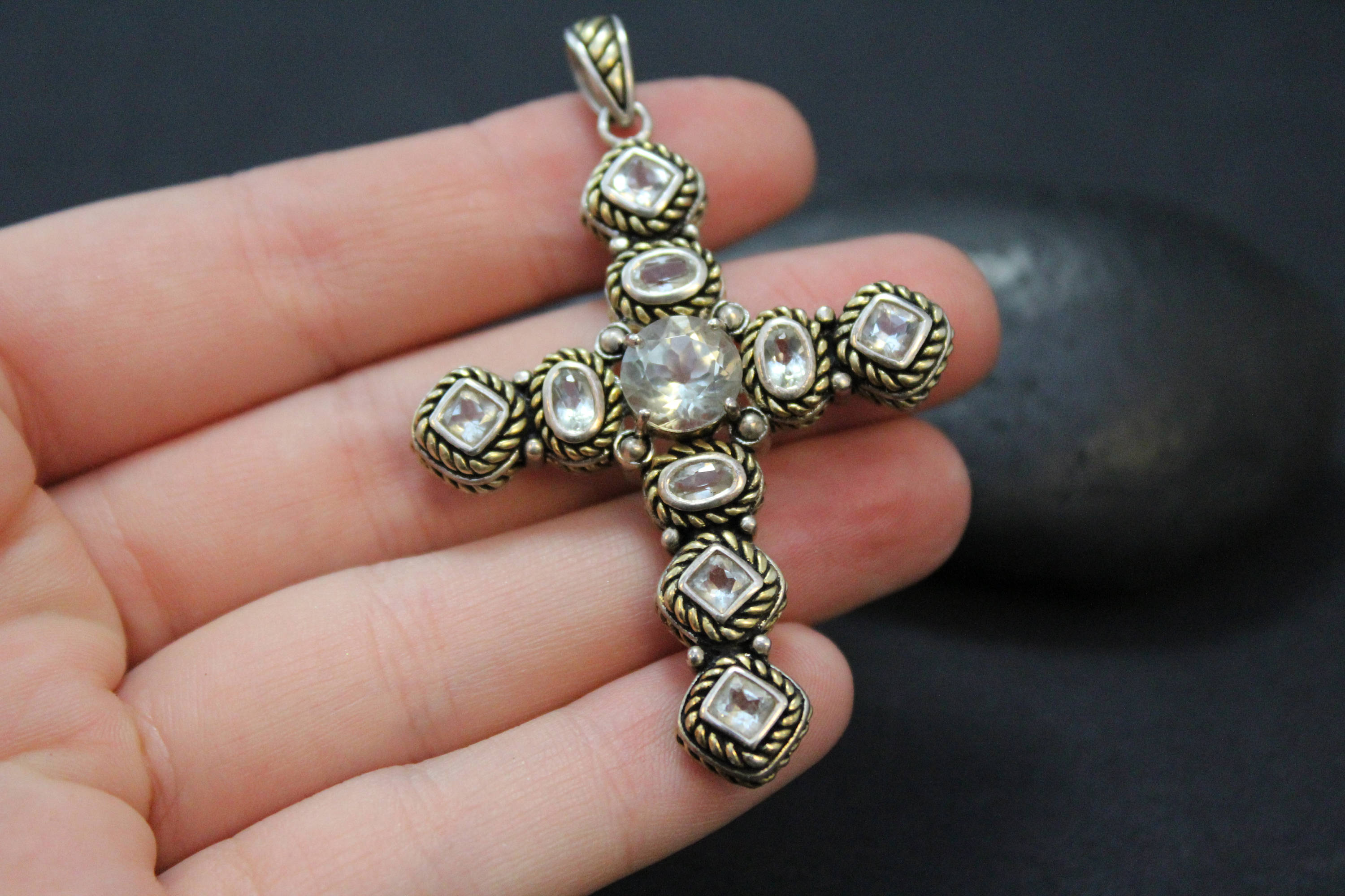 Large Sterling Silver Two Town Gemstone Cross Pendant, Sterling Silver Rope Pendant, Rope Cross