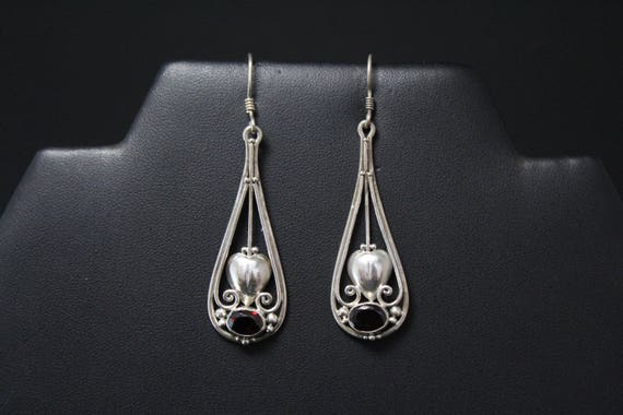 Sterling Silver Boho Garnet Dangle Earrings, Garne