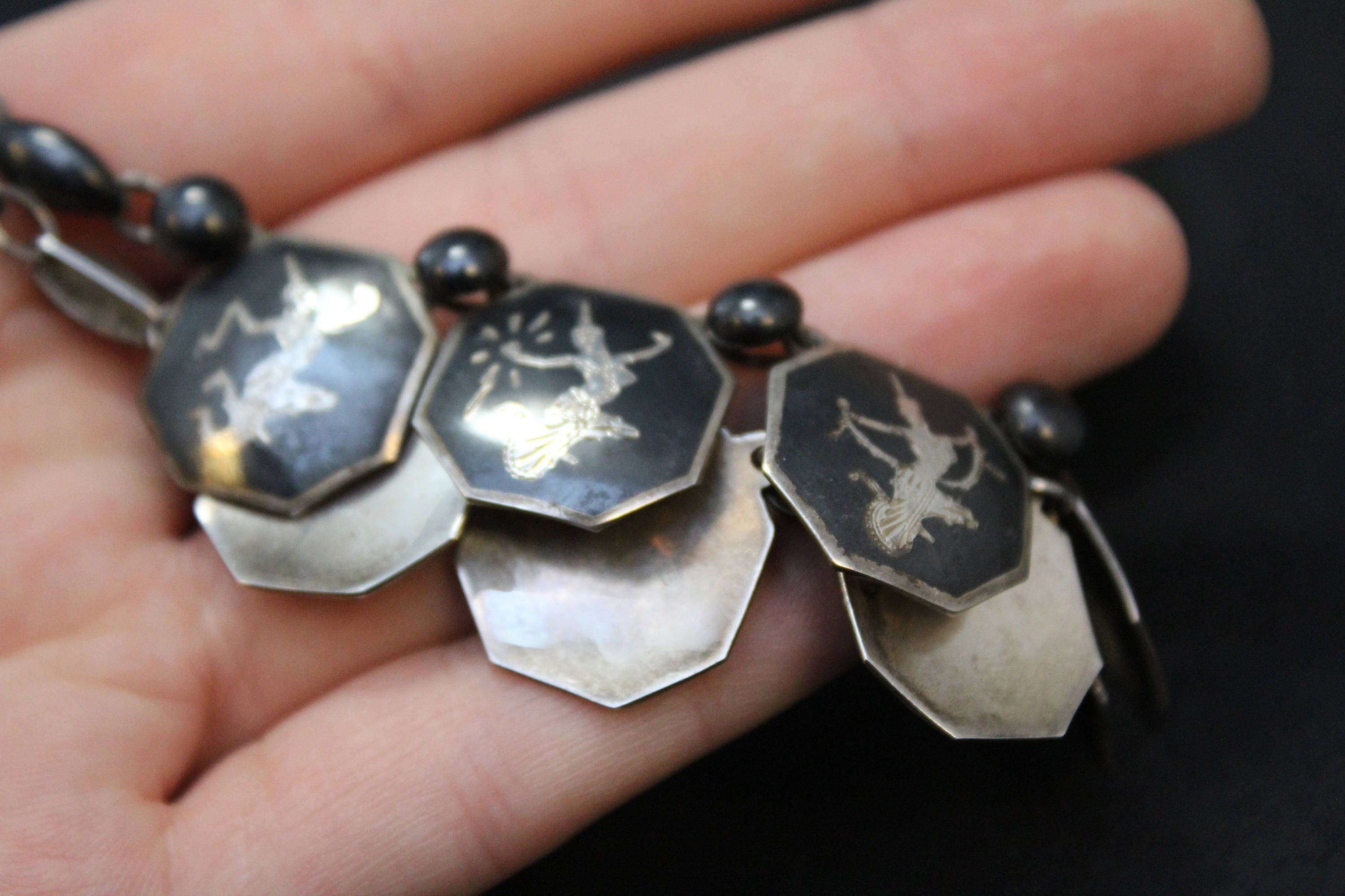 Sterling Silver Siam Niello Necklace, Siamese Sterling Silver Necklace