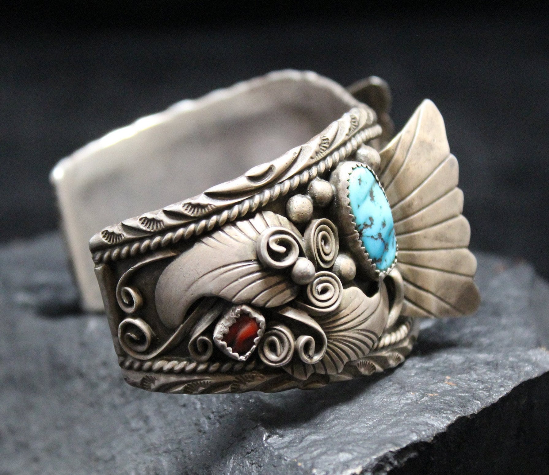 Vintage Navajo Sterling Silver Cuff Bracelet Watch Band Coral