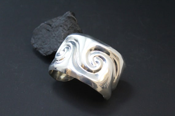 Sterling Silver Wide Taxco Mexican Swirl Cuff Bracelet View 3