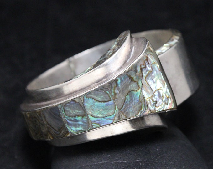 Heavy Sterling Silver Abalone Inlay Vintage Hinged TAXCO Bangle Bracelet Signed, Modernist Silver Abalone Bracelet, Vintage Taxco Silver