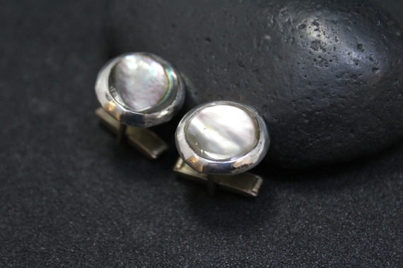 Sterling Silver Abalone Cuff Links, Round Sterling