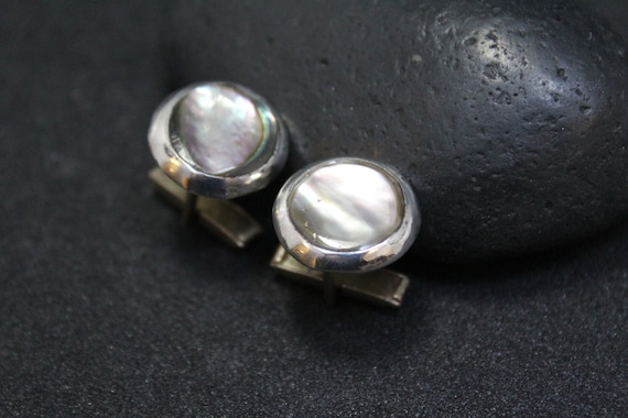 Sterling Silver Abalone Cuff Links, Round Sterlin… - image 1