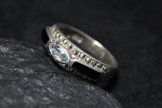 Sterling Silver Art Deco Onyx Topaz and Marcasite… - image 1