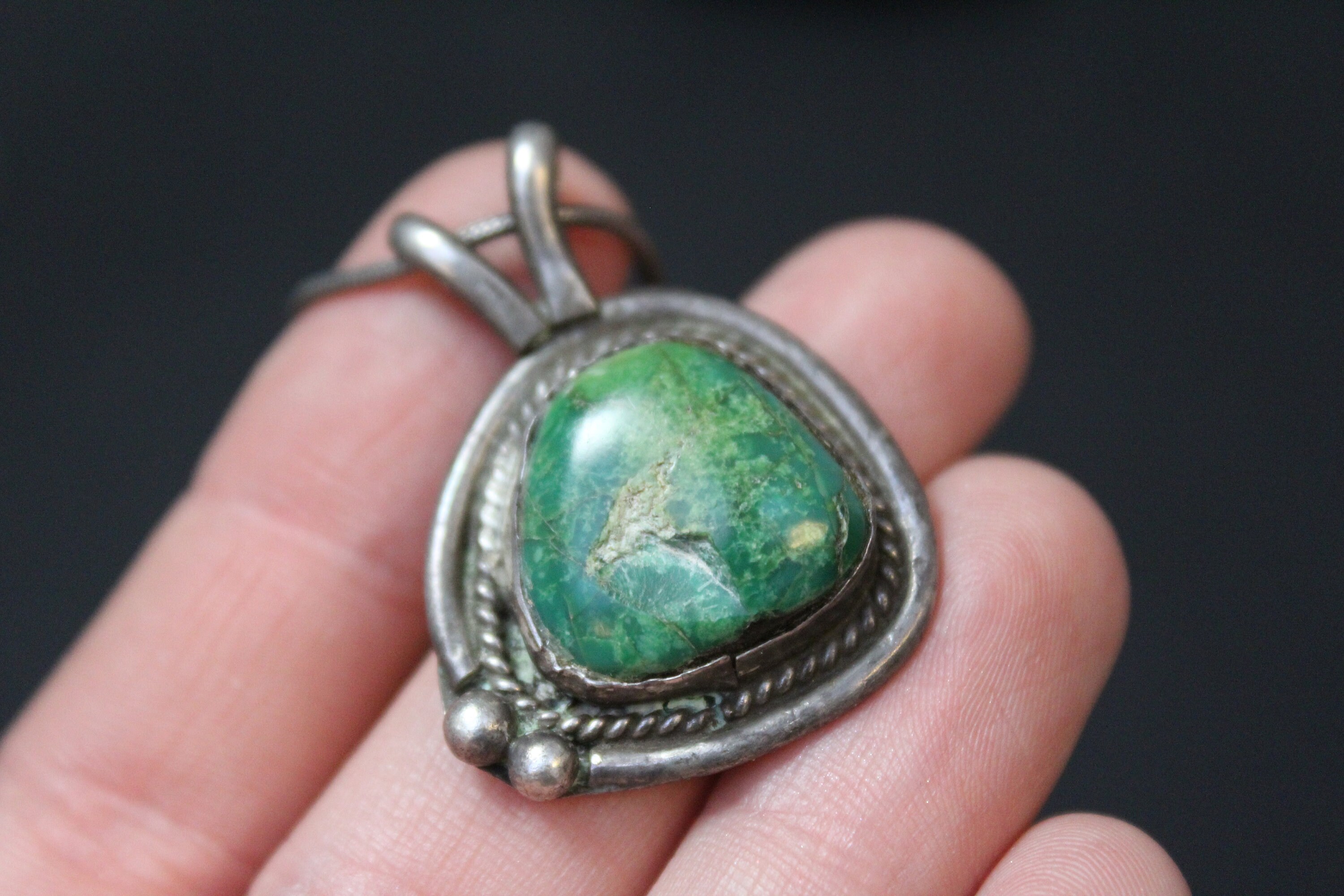 AS IS Sterling Silver Old Pawn Green Turquoise Necklace, Old Pawn