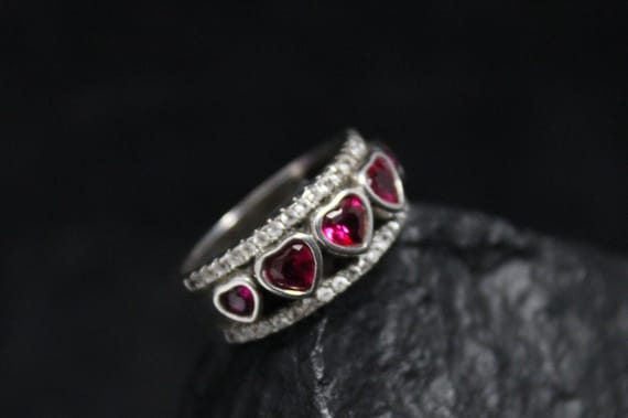 Sterling Silver Bezel Set Ruby and CZ Heart Gemstone Ring, Sterling Silver Heart Jewelry, Ruby Jewelry, Lab Grown Red Ruby Silver Ring