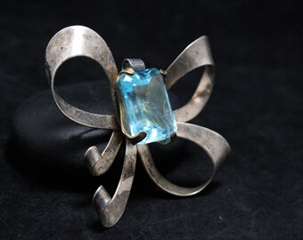 Huge Sterling Silver Vintage Bow Brooch with Light Blue Emerald Cut Gemstone, Large Antique Sterling Silver Bow Pin, 925 Vintage Bow Jewelry