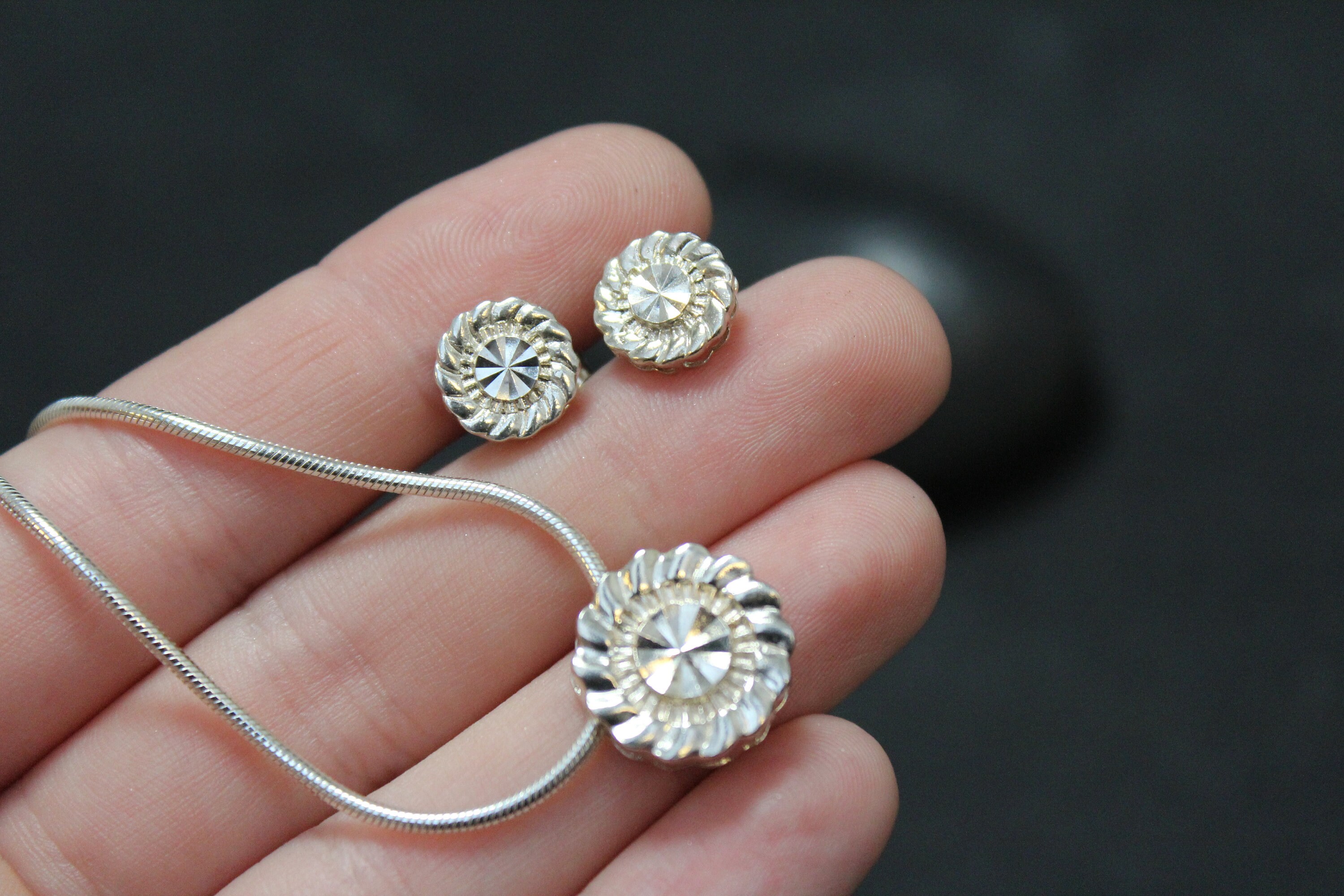 Sterling Silver Diamond Cut Circle Jewelry Set, Circle Stud Earrings