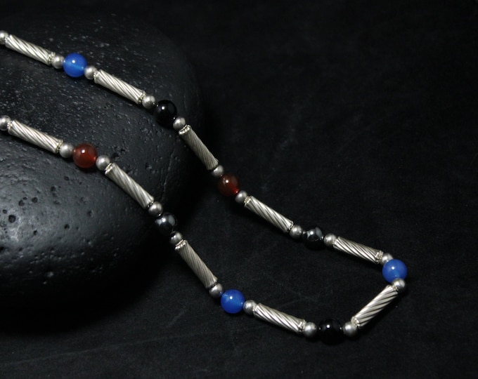 Sterling Silver Long Beaded Gemstone Necklace With Onyx Carnelian Hematite & Blue Chalcedony, Sterling and Gemstone, Modern Beaded Necklace