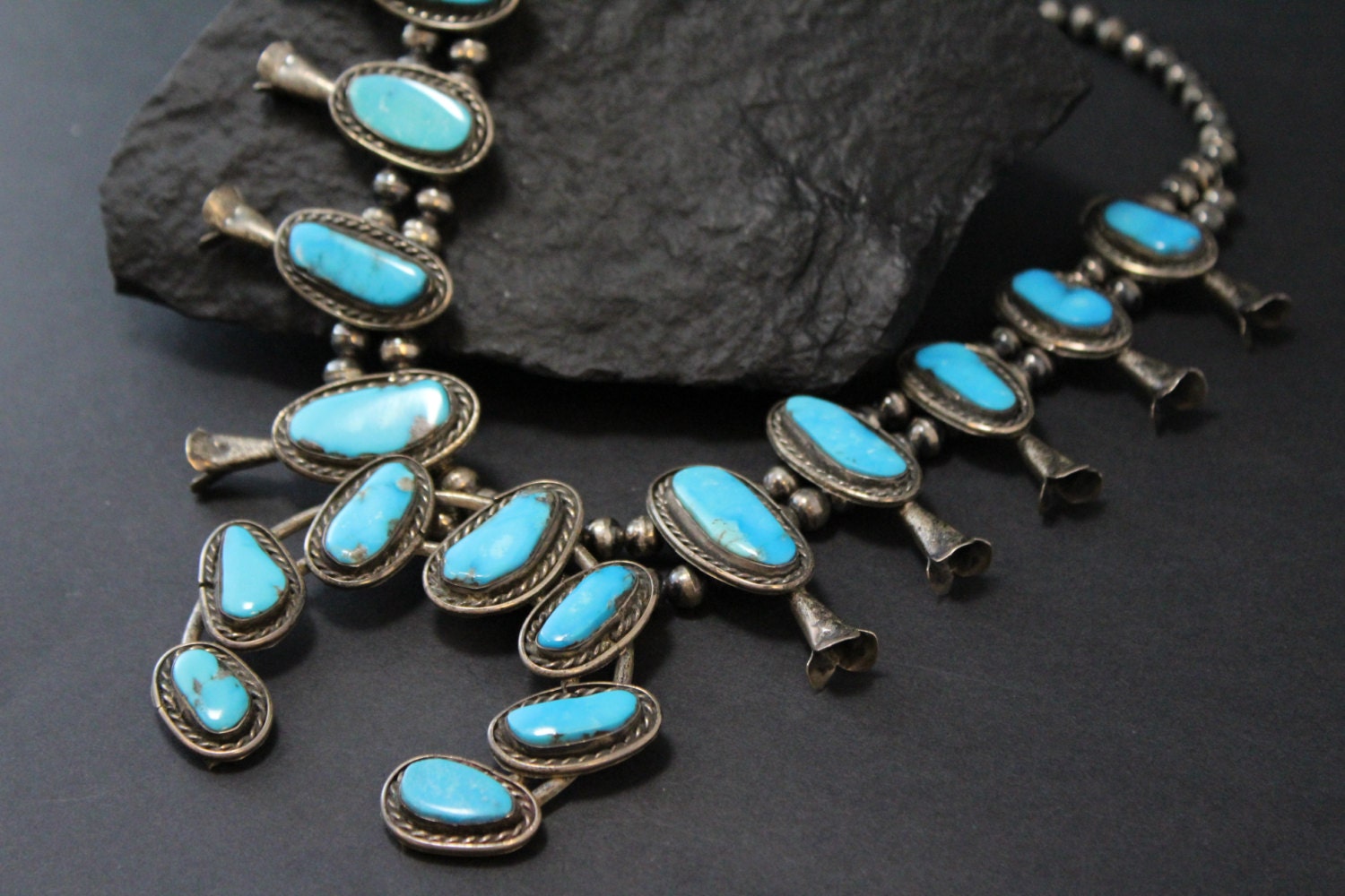 Old Pawn Turquoise Necklace, Sterling Silver Squash