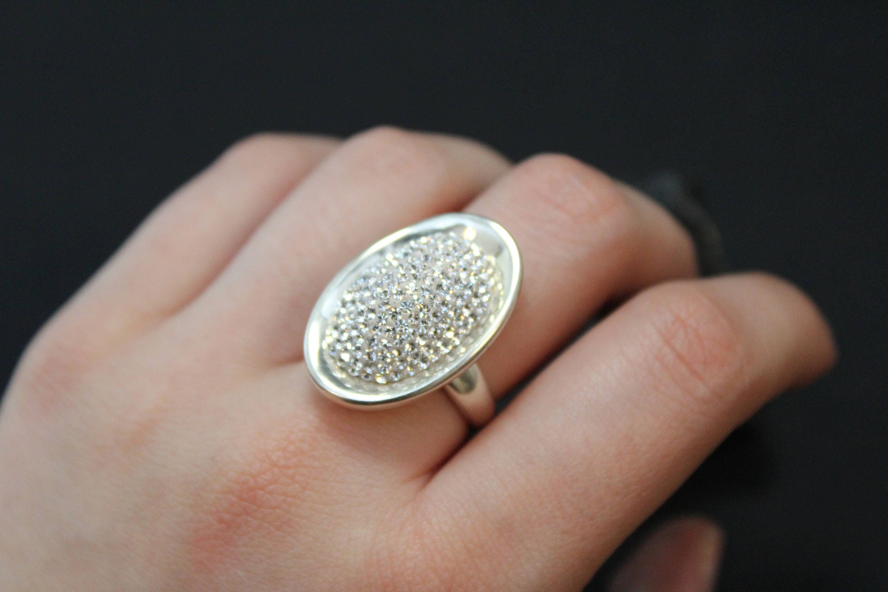 Sterling Silver Oval Crystal Pave Statement Ring, Sterling Pave Ring