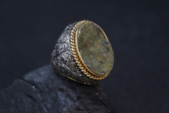 Tooled Sterling Silver and Gold Druzy Statement Ring, Sterling Druzy Jewelry, Designer Sterling Silver Druzy Ring, Sterling Moss Ring