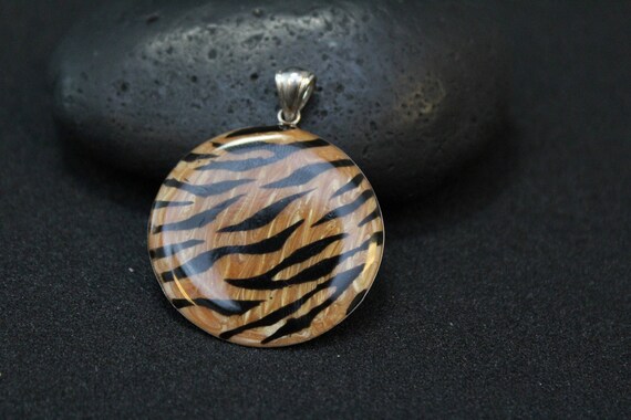 Sterling Silver Enamel Tiger Striped Pendant, Roun