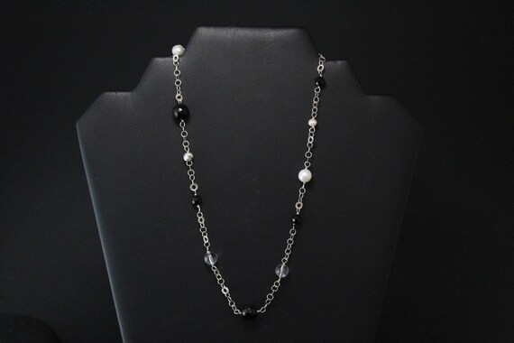 Sterling Silver Asymmetrical Beaded Necklace, Sterling and Onyx Beads, Sterling and Pearl Beads, Sterling Silver Onyx Beaded Necklace