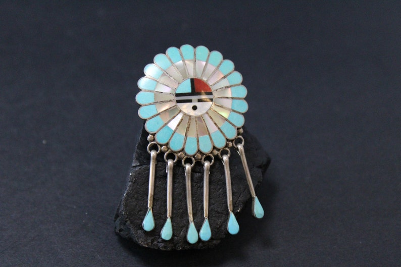 Stunning RARE Signed Sterling Silver Sun God Sterling Silver Turquoise Mother of Pearl Coral Onyx Inlay Brooch Pin with Optional Pendant image 2