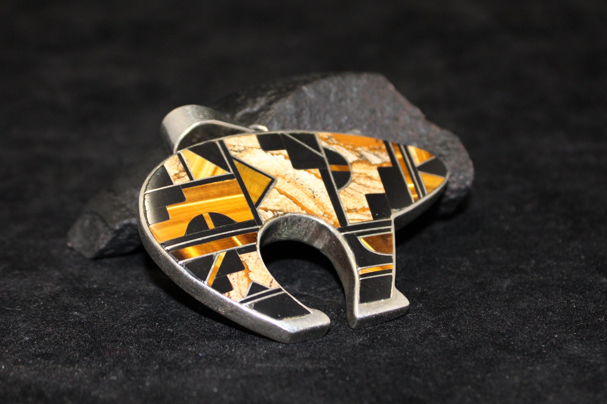 Sterling Silver Navajo Bear Pendant, Tigers Eye Jasper Onyx Stone Inlay ...