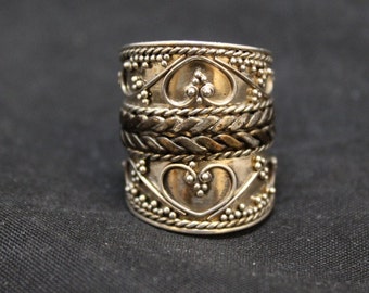 Two Toned Stacked Design Sterling Silver Ring, Stacked Heart Design Silver Ring, Wide Band Vintage Silver Ring, Big Boho Silver Ring