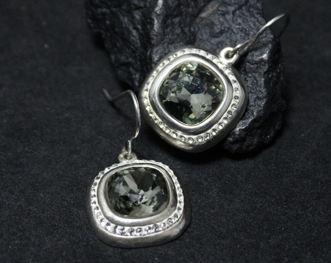 Elegant Sterling Silver Cushion Cut Green Quartz and CZ Halo Dangle Earrings, Sterling Quartz Halo Earrings, Prasiolite Sterling Jewelry