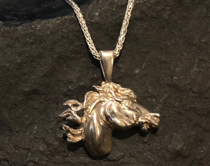 Sterling Silver Horse Pendant on 20 Inch Sterling Silver Italian Diamond Cut Braid Chain, Sterling Horse with Cubic Zirconia Eye Necklace