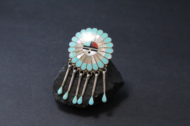 Stunning RARE Signed Sterling Silver Sun God Sterling Silver Turquoise Mother of Pearl Coral Onyx Inlay Brooch Pin with Optional Pendant image 1