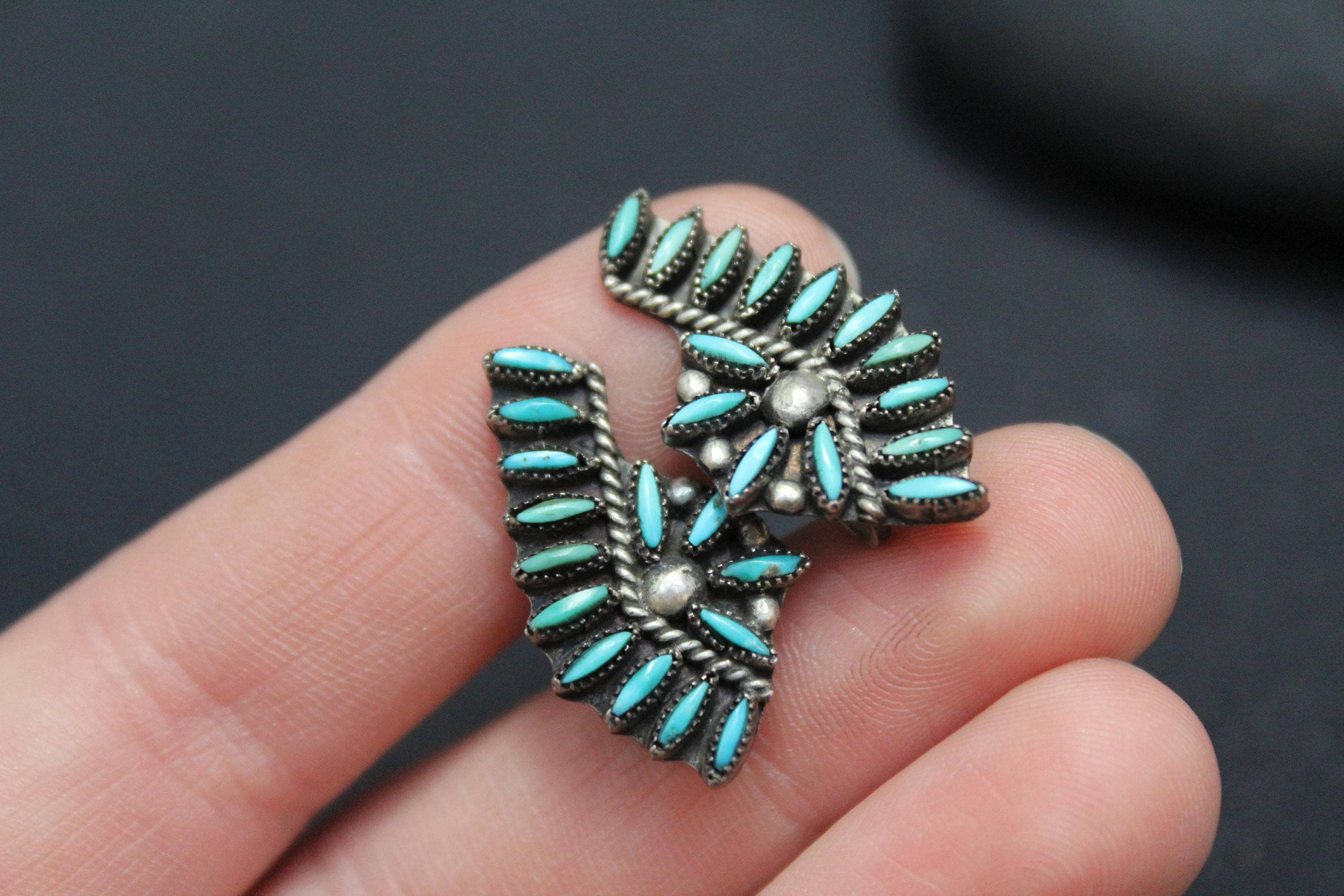 Sterling Silver Old Pawn Zuni Needlepoint Earrings, Zuni Screw Back