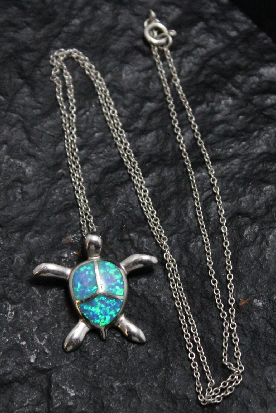 Sterling Silver Synthetic Opal Turtle Necklace, Silver Turtle