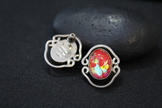 Sterling Silver Red Simulated Opal Earrings, Red … - image 4