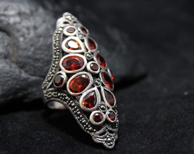 Sterling Silver Marcasite and Red CZ Statement Ring, Art Deco Cocktail Ring, Red CZ Ring, Art Deco Sterling Silver Marcasite Ring, Red Gem