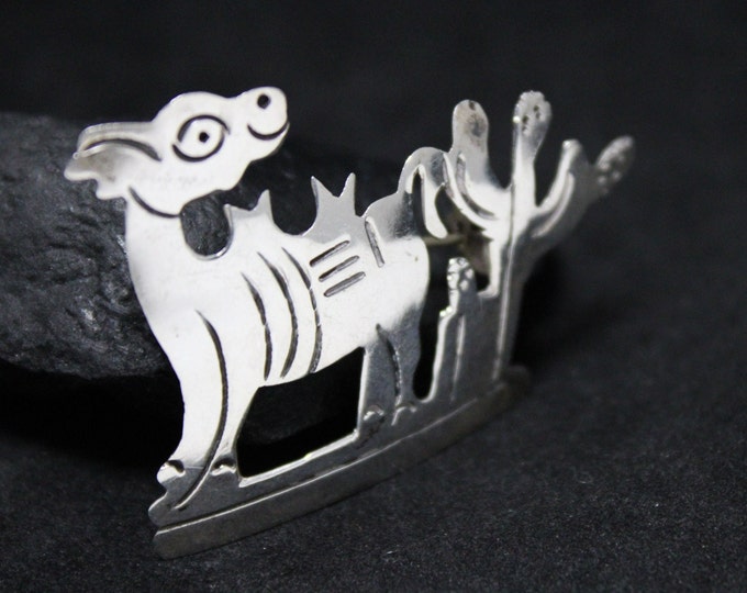 Sterling Silver Taxco Signed Vintage Burro and Cactus Brooch Pin , Mexican Silver Burro Brooch, Cactus Jewelry, Mexico Donkey Jewelry