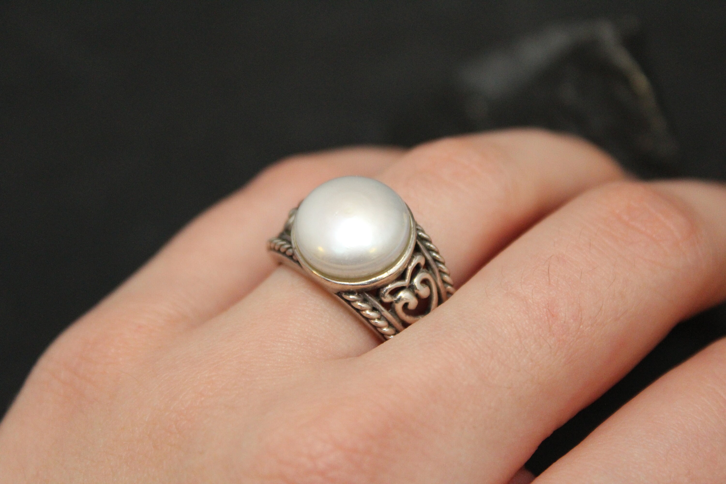 Sterling Silver and Coin Pearl Boho Swirl Ring, Coin Pearl Ring, Button
