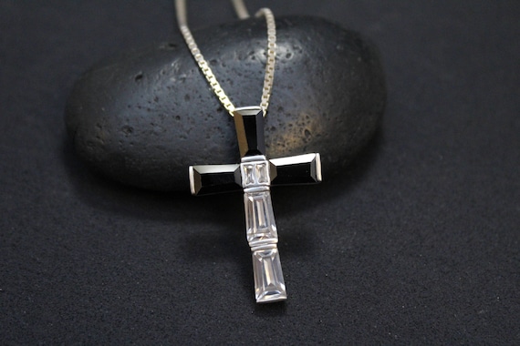 Sterling Silver CZ Cross Necklace, CZ Cross Pendant, Sterling Silver Black and White Gemstone Cross Necklace, Big Cross Necklace
