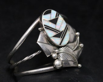 Vintage Sterling Silver Southwest American Abstract Opal and Onyx Inlay Cuff Statement Bracelet With Leaf Accents, Sterling Southwest Inlay
