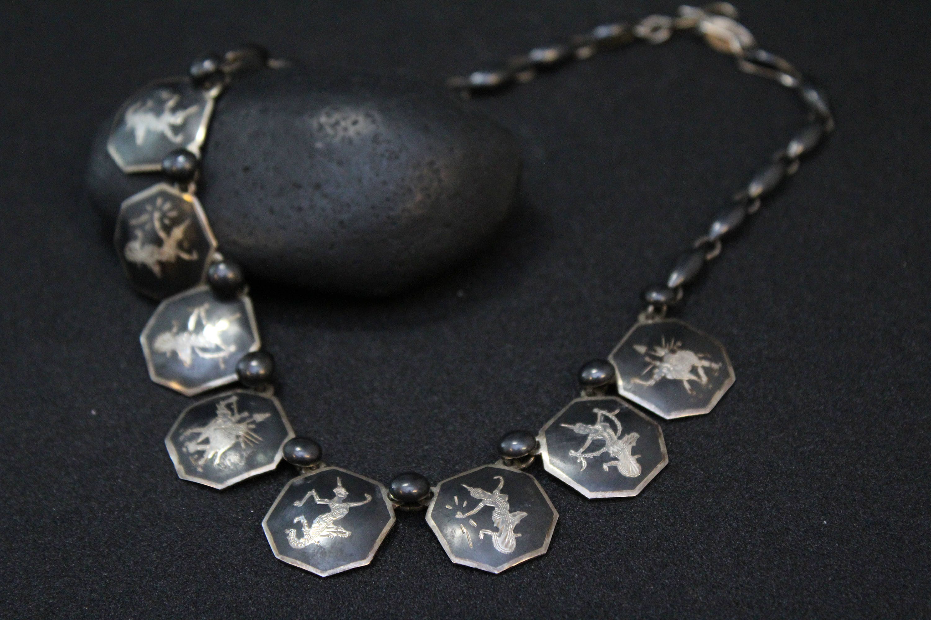 Sterling Silver Siam Niello Necklace, Siamese Sterling Silver Necklace