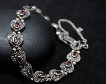 Art Deco Silver Garnet and Marcasite Heart Link Bracelet, Heart Deco, Sterling Silver Marcasite Jewelry, Valentine's Day Gift, Heart Jewelry