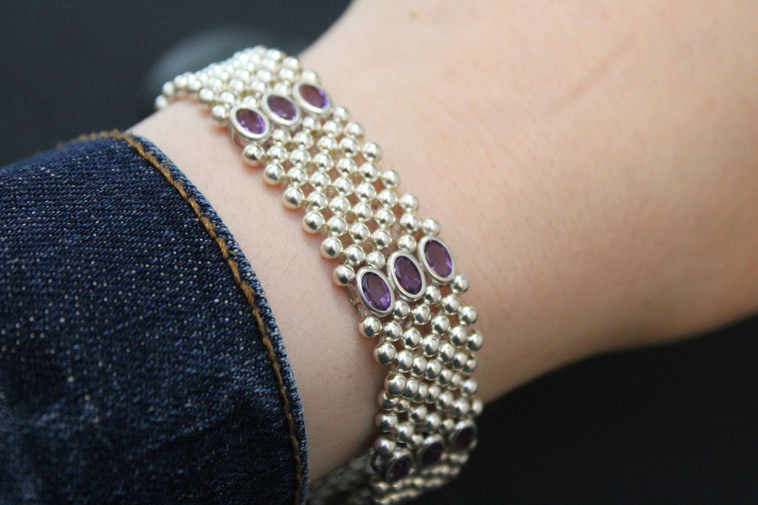 Sterling Silver and Amethyst Stretchy Beaded Bracelet, Amethyst Jewelry