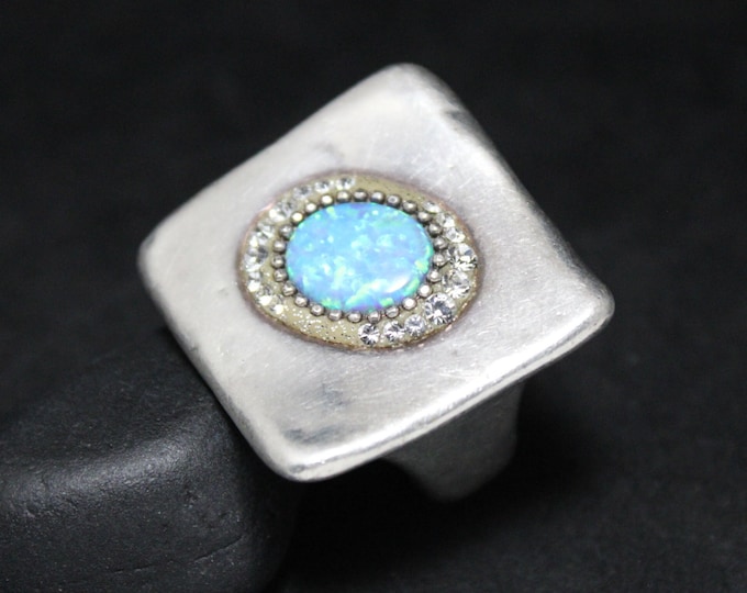 Sterling Silver Unique Modernist Opal  and CZ Accented Halo Ring Size 8, Sterling Opal Jewelry, Modernist Opal Jewelry, October Birthstone