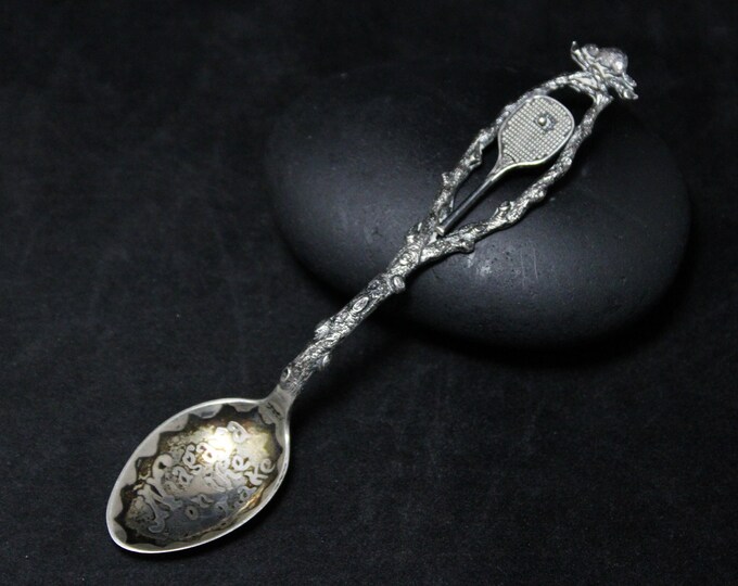 Vintage Sterling Silver Niagara On The Lake Ontario Souvenir Spoon With Ornate Handle of Beaver and Racquetball, Niagara Souvenir Spoon