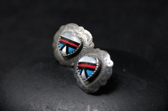 Sterling Silver Vintage Southwest Inlay Heart Ear… - image 1