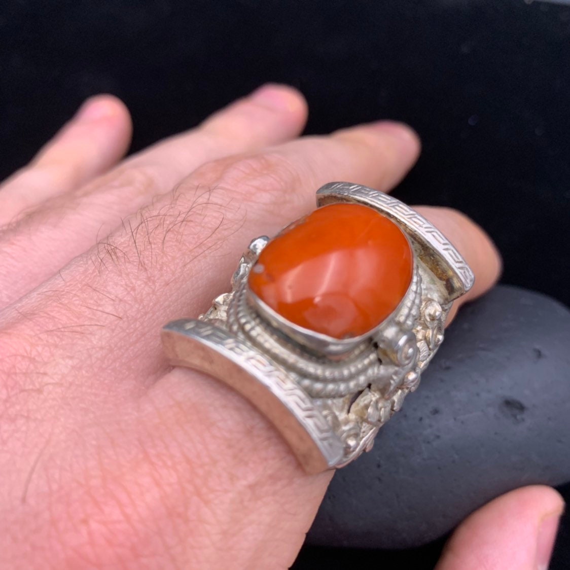 Large Men's Sterling Ring With Coral Gemstone, Natural Red Coral 925