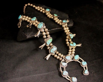 Vintage Squash Blossom Necklace, Sterling Silver And Turquoise Statement Piece, 925 Beaded Blue Stone Southwestern Jewelry, 24 inches long