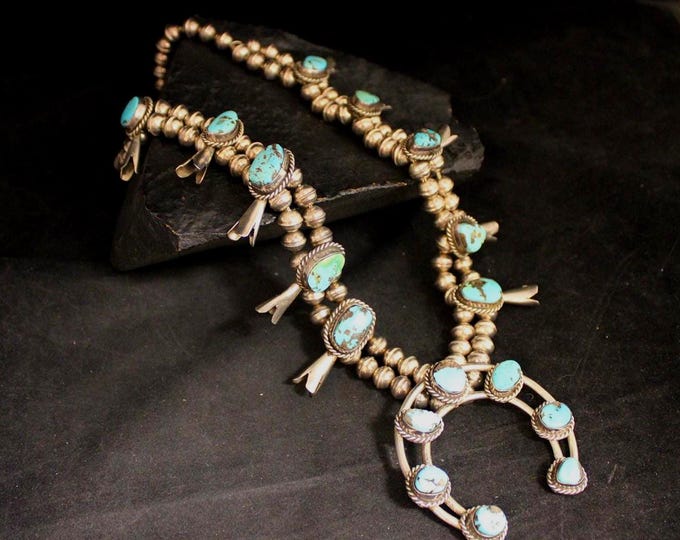 Vintage Squash Blossom Necklace, Sterling Silver And Turquoise Statement Piece, 925 Beaded Blue Stone Southwestern Jewelry, 24 inches long