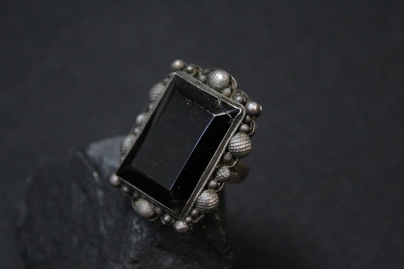 Adjustable Obsidian Ring in Sterling Silver Asian Vintage Style Jewelry Square Gemstone Ring Chinese Auspicious Ring Yun Boutique
