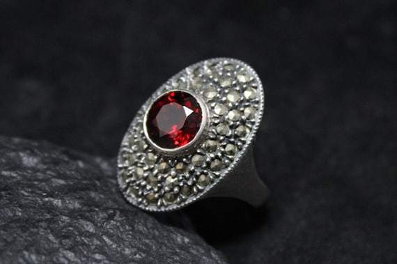 Sterling Silver Art Deco Marcasite and Garnet Coc… - image 1