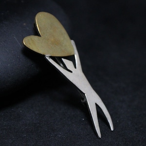 Modern Sterling Silver and Brass Figural Heart Brooch and Pendant, Sterling Silver Heart Pendant Jewelry, Modern Heart Pin, Vintage Brooch,