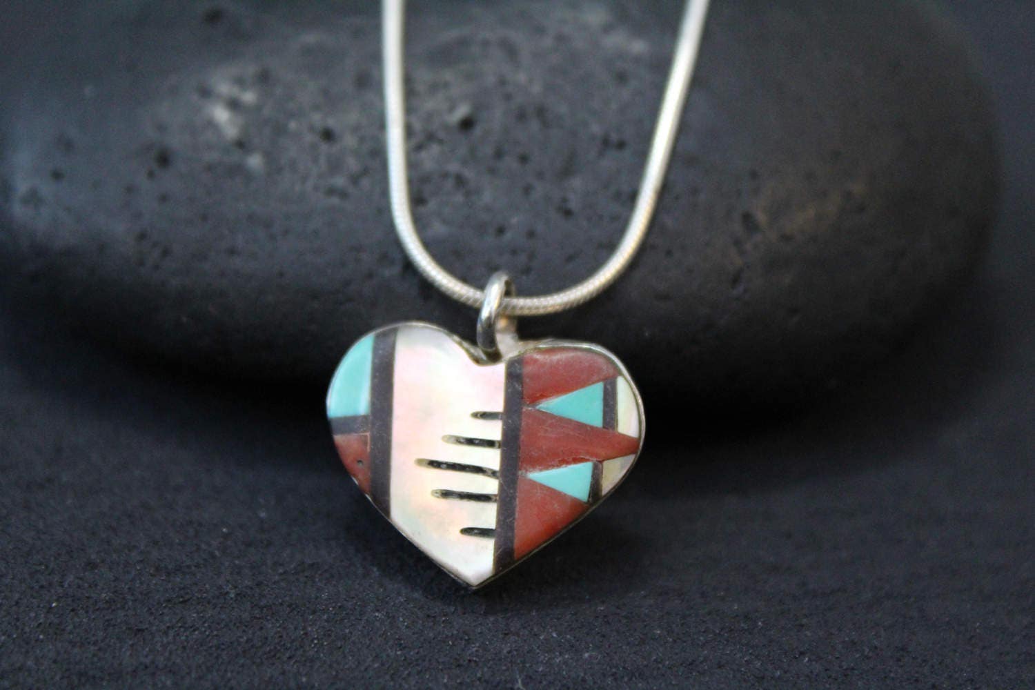 Sterling Native American Zuni Inlay Heart Necklace, Zuni Jewelry, Zuni
