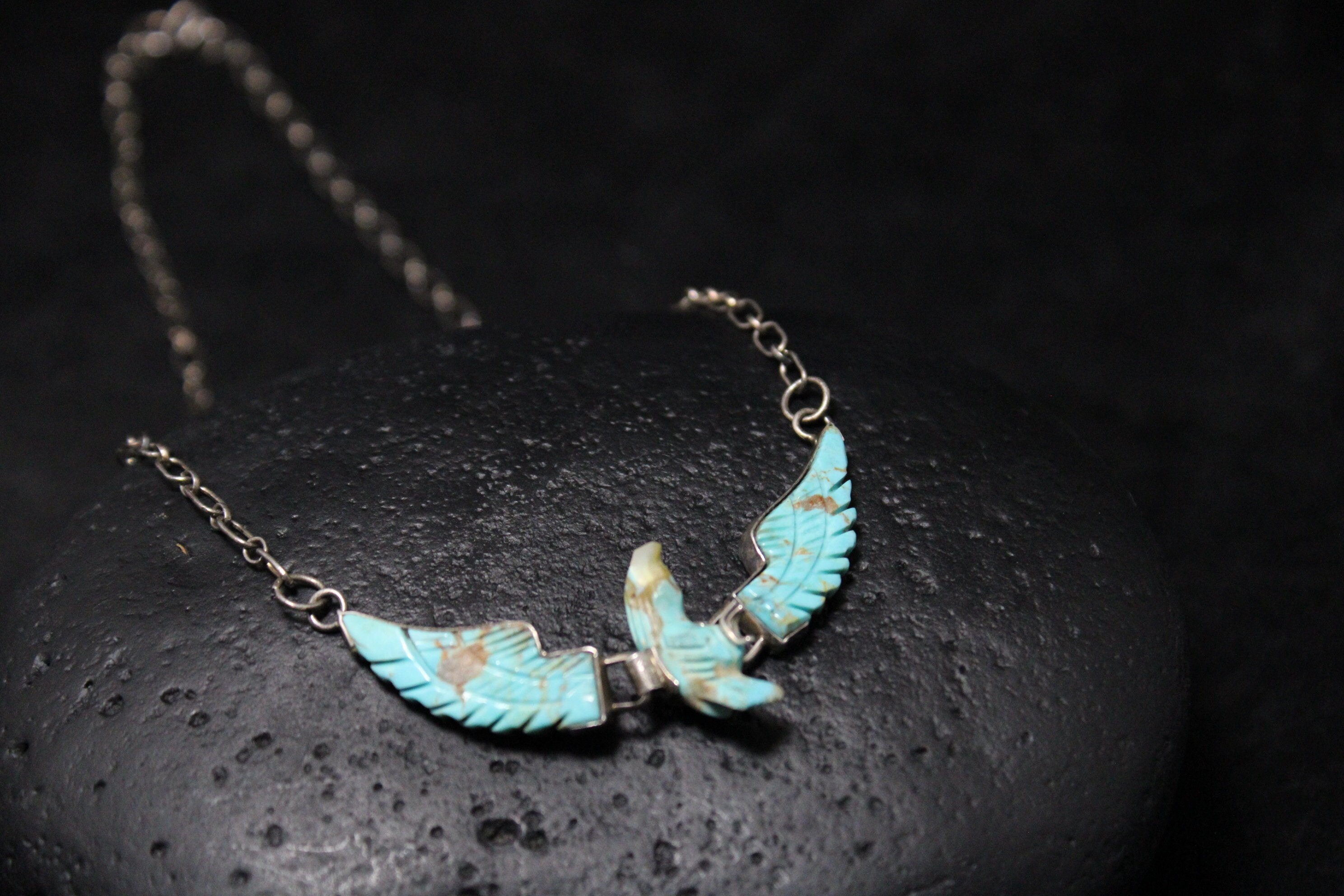Sterling Silver Ben Livingston Carved Turquoise Eagle Necklace